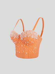 Fashion Vacation Style Handmade Pearl Best-Seller Versatile Fishbone Shaping Camisole Top For Women - Orange - View 5
