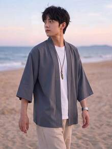 男士和服風寬鬆休閒開襟和服襯衫，100%聚酯纖維，輕盈透氣飄逸面料，純色百搭單層，休閒美學風格 - 灰色 - 查看 4