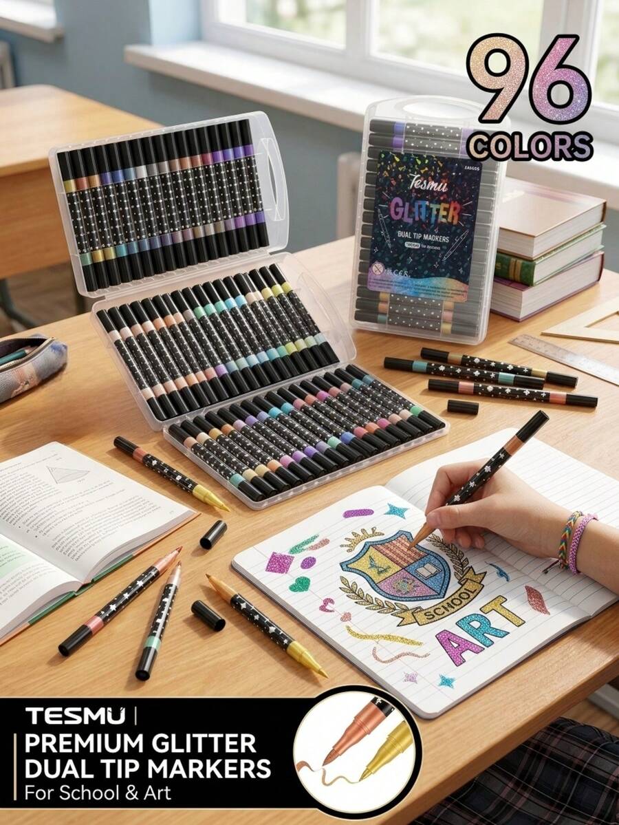 96/72/48/24 Colors Dual-Tip Glitter Marker Set, Dual-Color Brush Markers, Glitter Painting Pens, Thick Soft Tip Non-Fading Pearlescent Shiny Pens, Glitter Marker Soft Tip, Painting Tools, Watercolor Pens, Art Creation; Back To School Gift, Halloween Gift, Christmas Gift