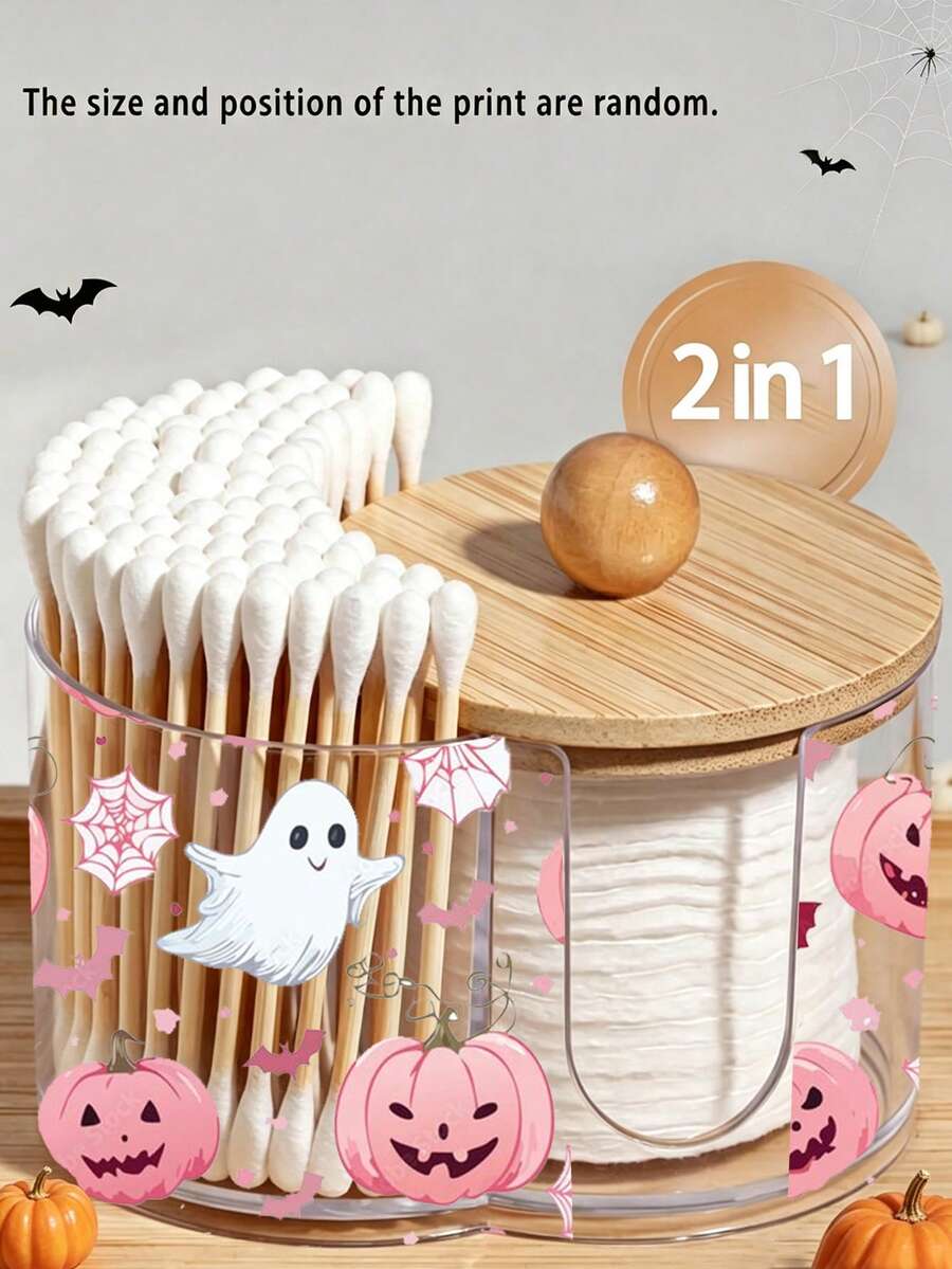 Kotak Penyimpanan Plastik 2-in-1 Tema Halloween Mini dengan Tutup Bambu, Dicetak dengan Motif Hantu dan , Organizer Makeup Meja dengan Dua Lubang Bulat, Cocok untuk Kuas Makeup, Perlengkapan Makeup, Organizer Makeup, Aksesoris Meja Rias, Tas Makeup, Hadiah Kreatif untuk Wanita (Ukuran Mini) - MultiWarna - View 1