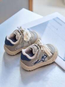 Children's Beige Plaid Athletic Shoes - Soft Non-Slip Sole, Star Detail, Comfortable For Toddler Walking - Beige - View 1
