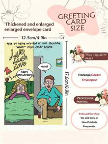 1pc Funny Married Couple Split Panel Cartoon Anniversary Greeting Card, 90% Marriage Is Shouting What From Other Rooms Humor Print, Live Laugh Love Sarcastic Novelty Gift For Husband Wife Spouse, Thicker And Larger Envelope And Card - Multicolor - View 3