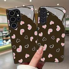 [24h Shipping From DE/FR/ES]Apple 11-17 Phone Case - Pink Case With Heart Print For  Galaxy S9+/S10/S20+/S20 Ultra/S21 5G/S21+/S22/S23 PLUS/S24 Plus/S25/S25 Edge/Note 9/Note 10/Note 10+/Note 20/Note 20 Ultra, Tempered Glass Anti-Drop Protective Case  21-26 - 1 Piece Of Picture Color - View 7