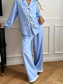 Nina Bonheur 2pcs/Set Women's Loose Comfortable Breathable Long Sleeve Top + Long Pants Cute Pajama Set - Blue - View 3