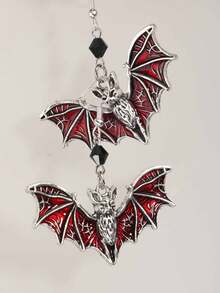 Vintage Gothic European American Halloween Purple Bat Quirky Gemstone Dark Beaded Retro Punk Gothic Bat Jewelry Pendant Earrings, Y2K Earrings, Bohemian Style - Red - View 1