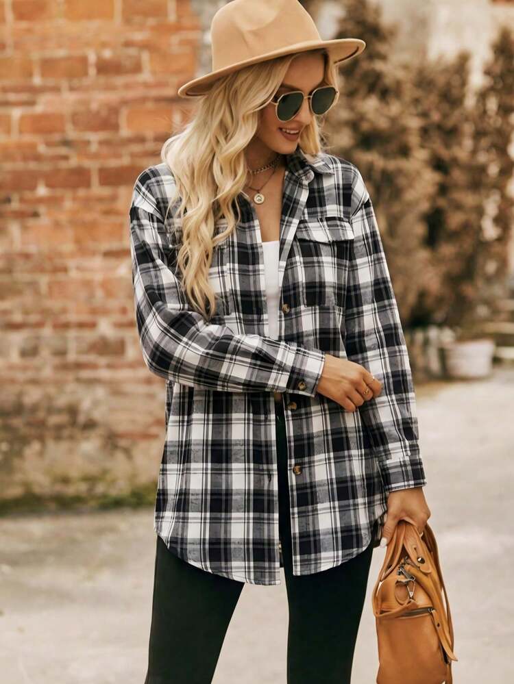 Women's Plaid Long Sleeve Button-Down Shirt Collar Top With Pockets, Dropped Shoulder Regular Length High-Low Hem Polyester Blouse, Suitable For Autumn/Winter Wear - Black - View 7