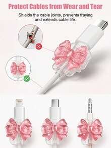 2pcs Cute Pink Bow Cable Protectors, Suitable For Lightning And Type-C Charging Cables - Multicolor - View 3
