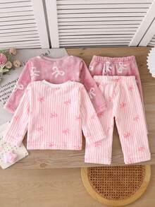 4pcs/Set Autumn/Winter Girls Bow Flannel Outwear 2 Pieces Set, Pink Striped & Bean Paste Two-Color All-Over Print Cute Bow Baby Round Neck Long Sleeve Long Pants Outfit - Pink - View 2