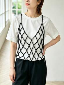 DEKUNER Minimalist Elegant Pearl Beaded Mesh Strap, Handmade Pearl Layered Body Chain, Casual Street Style Unique Top - Black - View 3