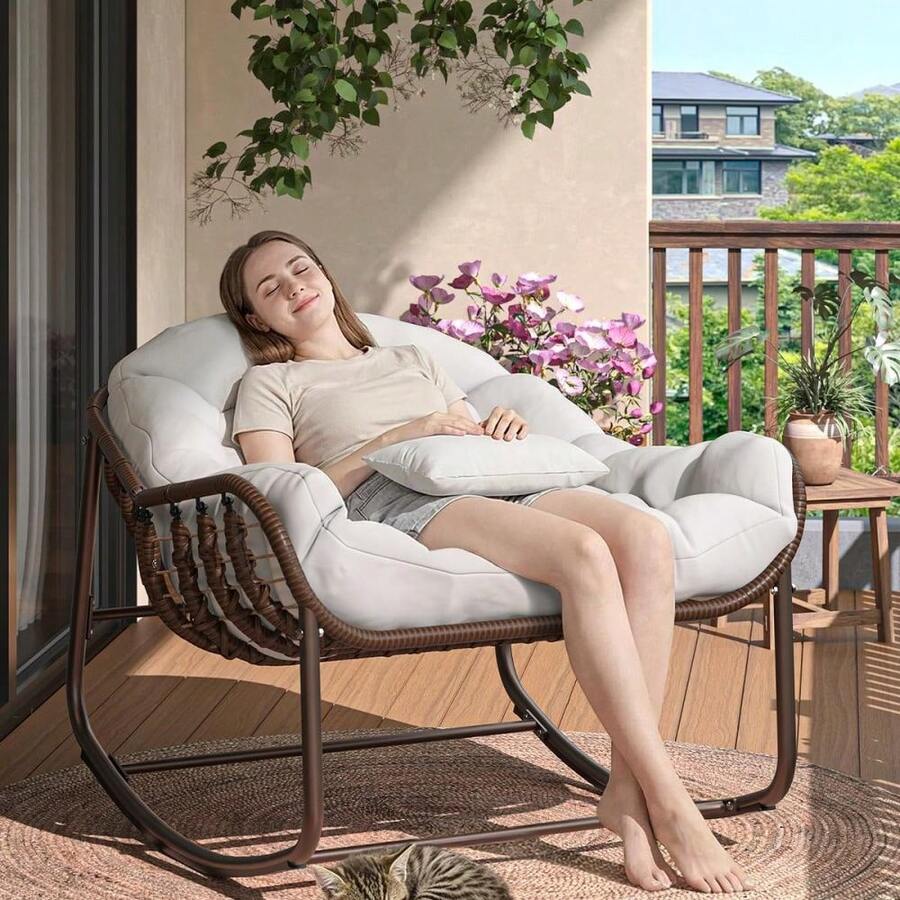 Oversized Papasan Rocking Chair for Patio – Wicker Egg Lounge Chair with Water-Resistant Cushion, Heavy-Duty Metal Frame, Comfy for Garden, Porch, Balcony, Living Room – 450lbs Capacity, - Silla mecedora con forma de huevo - Ver 1
