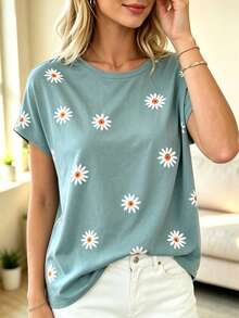 Women's Floral Daisy Print Short Sleeve Crew Neck Basic Top, Suitable For Daily Outings Shirt-Style Long Top - Mint Green - View 2