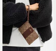 Coach Women's Diagonal Zipper Wristlet Wallet, Striped Logo Canvas Clutch Handbag - Brown - View 6