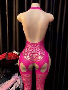 Women's Sexy Elastic Fishnet Cutout Design Halter Neck Bodysuit - Hot Pink - View 5