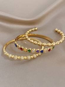 1Pc/Set Luxury Elegant Heart Multi Color Zirconia Bangle Round Gold Bead Bracelet,Dainty Gold Jewelry For Women,Party,Daily,Christmas, Valentine/Y2K - Multicolor - View 5