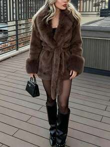 1pc Solid Color Faux Fur Belted Jacket For Women, Suitable For Autumn/Winter Vacation - Rust Brown - View 4
