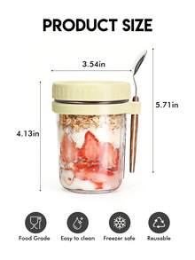 Meoky Stoples Overnight Oats 12oz/350ml [1/2pcs] dengan Sendok dan Tutup, Wadah Oatmeal Tertutup dengan Skala Pengukuran, Stoples Mason dengan Tutup, Wadah Sereal Portabel - Kuning - View 5