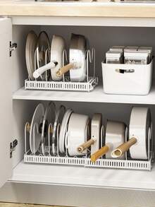 Expandable Kitchen Cookware/Kitchen Utensil Storage Rack/Organizer, Vertical Storage Stand Suitable For Countertop And Drawer Cabinet (Can Store Pot Lids, Frying Pans, Baking Trays, Plates, Cutting Boards), Multi-Functional Cabinet Organizer, Space-Saving Kitchen Storage Solution (Suitable For Countertop, Pantry, Cabinet), White Kitchen Storage Accessory, Multi-Slot Vertical Design Keeps Kitchen Utensils Tidy, Suitable For Home Kitchen, Apartment, RV And Small Space Countertop, Independent Vertical Cookware Rack, Multi-Functional Kitchen Essential For Organizing Pot Lids, Frying Pans, Baking Trays And Tableware. - Multicolor - View 5