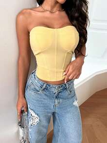 Women's Summer Casual Yellow Tank Top, Fashionable Sexy Backless Top, Y2K Style, Suitable For Vacation And Beach - Yellow - View 3