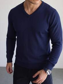 Men's V-Neck Knit Long Sleeve T-Shirt Top, Casual Thin Base Layer Sweater For Autumn/Winter - Navy Blue - View 2