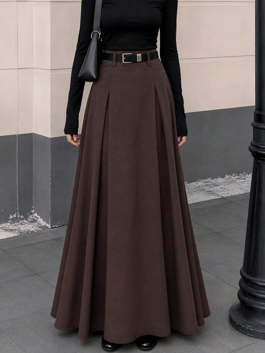 High Waist Patchwork Long A-Line Skirt, Women's Solid Brown Flared Hem Maxi Skirt, Autumn/Winter - Dark Brown - View 1