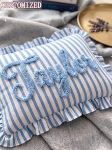 Personalized Striped Ruffle Tufted Embroidery Pillow, Customized Flocked Name Embroidered Cushion, Soft Rectangular Throw Pillow, Suitable For Sofa Bedroom Apartment Decor, Ideal Gift For Housewarming Birthday Anniversary - Multicolor - View 6