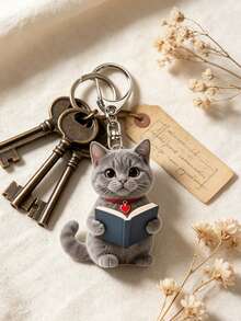 可愛灰色小貓閱讀圖案鑰匙圈，派對吊飾，多功能鑰匙圈裝飾，手機掛飾，背包掛飾，鑰匙掛飾，汽車掛飾，派對時尚配件，趣味2D壓克力配件，適用於背包、包包、汽車鑰匙掛飾及日常使用，情侶禮物與派對用品的絕佳選擇 - 彩色 - 查看 2