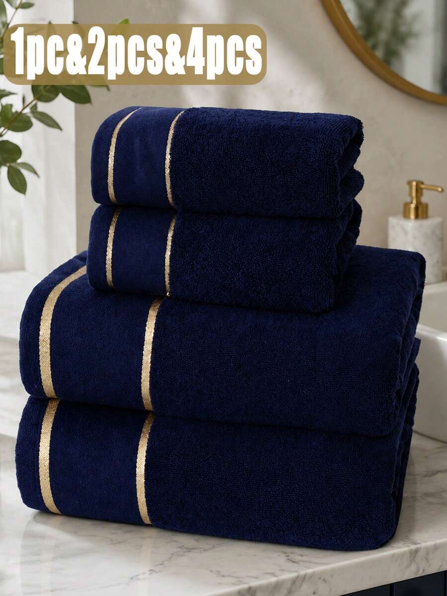 1pc/2pcs/4pcs Modern Minimalist Fashion Line Textured Towel Bath Towel, Non-Shedding, Highly Absorbent, Ultra Soft, Durable Bathroom Accessory, Best Gift For Partner, Towel Size 40*75, Bath Towel Size 70*140 - Dark Blue - View 1