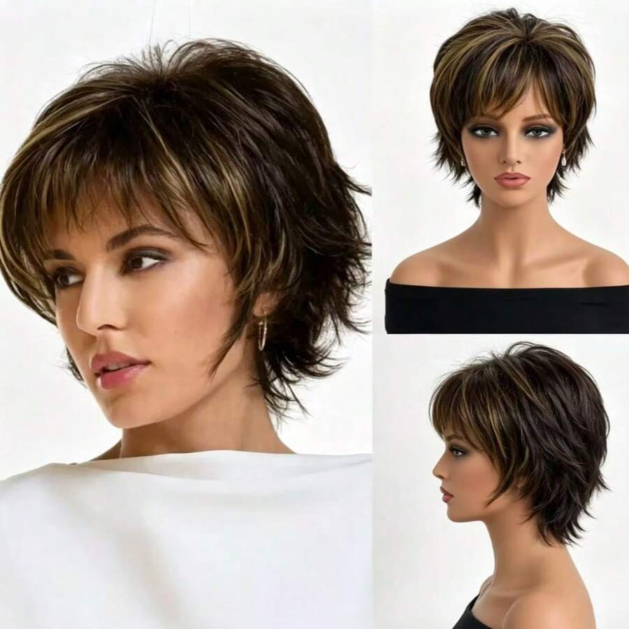 1pc High Temperature Fiber Elegant Fluffy Curly Short Hair Wig For Women, With Bangs, Rose Net Cap, Fashion Mixed Gold Brown Short Synthetic Wig - Brown - View 1