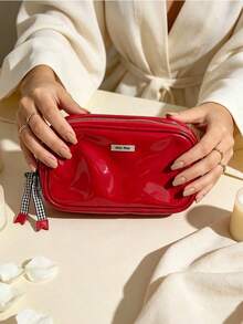 Miu Miu Festive Shiny Red Waterproof Patent Makeup Organizer Bag For Full Set Cosmetic Skincare Storage Wedding Guest Surprise Gift MIUMIU-GIFT-27 - Red - View 4