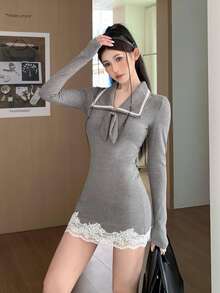 New Women's Spring/Autumn Sexy Style Turn-Down Collar Bow Hem Contrast Lace Fitted Bodycon Long Sleeve Knit Dress - Grey - View 3