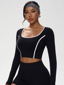 1pc Women's Ribbed Long Sleeve Sports Top, Autumn/Winter, Soft Elastic Shaping Slim Fit Versatile T-Shirt Black - Black - View 5