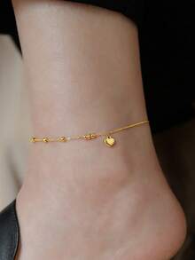 1pc Stainless Steel Beaded Heart Anklet, Women's Daily And Summer Beach Vacation Accessory Gift (Gift Box Not Included) - Gold - View 7