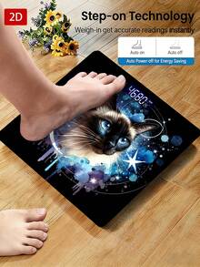 1pc Body Weight Scale/Cat Scale/Sky & Moon Pattern/Backlit LED Display/High Precision/Max Capacity 400lbs/180kg/Tempered Glass Surface/Temperature Detection - A - View 2