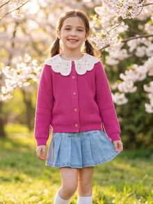 Tween Girl Knitted Embroidered Floral Collar Cardigan - Hot Pink - View 4
