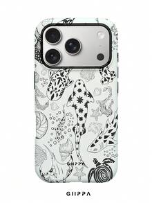 GIIPPA 1件乳白色底黑色調海洋元素圖案設計手機殼，適用於Phone 17 Pro Max，兼容Phone 16 Pro Max、15 Pro Max、14 Pro Max，韓系高端時尚趣味手機殼，兼容11/12/13/14/15/16 Pro Max Plus，優雅設計男女皆宜，聖誕節、情人節、復活節、婚禮季及生日送女友的完美禮物 - 黑與白 - 查看 1
