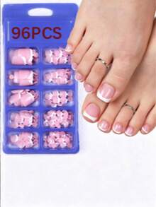 96 Pcs Glossy Fake Toenails, 12 Sizes/Box, White French Manicure, Press-On Nails, Full Cover Short Square False Toenails, Artificial Acrylic Pedicure Patches, With Buckle, Suitable For Women And Girls - White - View 5