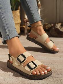 Sandal Platform Wanita, Tali Ganda yang Dapat Diatur, Mudah Dipakai/Dilepas, Penggunaan Kasual Sehari-hari - Krem - View 2