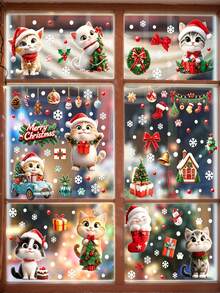 57pcs/9sheets Christmas Window Glass Stickers, Reusable And Detachable Cat Animal Christmas Tree Window Stickers Double-Sided Printing Window Stickers, Windows, Glass Doors, Living Rooms, Home Party Supplies, Holiday Parties, Festival Party And Display Cabinet Decoration - A - View 5
