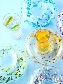 1/3/5pcs Transparent Sequin Floating Cup Holder, Random Color, Pool Floating Cup Holder, Round Floating Cup Mat, Floating Stand, Pool Party Supplies, Inflatable Pool Accessories - Multicolor - View 4