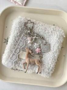 Deer-Shaped Keychain Pendant, Lace Pearl Bow Bag Charm, Korean Sweet Clover Backpack Hanging Chain, Y2K Girl Style Gift - Khaki - View 3