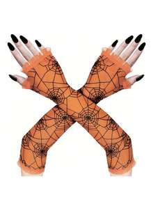 1 par de mangas largas sin dedos de malla de telaraña gótica para mujer, colores negro, naranja y púrpura, guantes de cosplay de bruja de Halloween, accesorios de disfraz de estilo punk oscuro para fiesta, bar, carnaval y atuendo de temática de terror - Guantes de Halloween - Ver 9