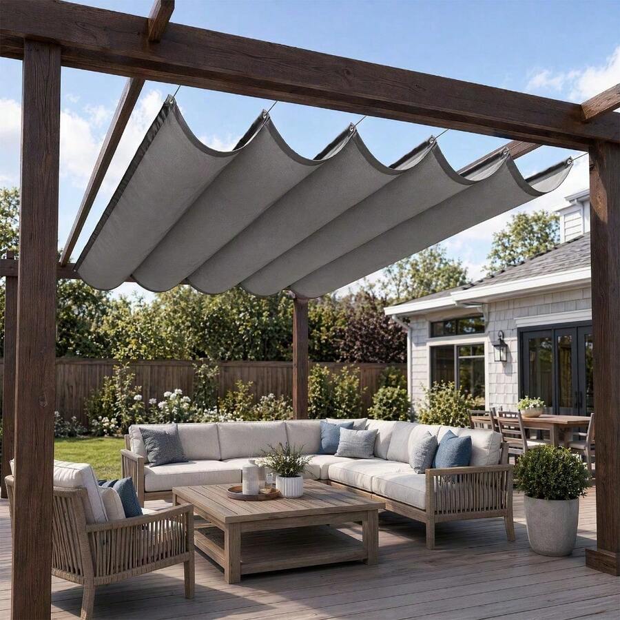 Trintion Heavy-Duty Retractable Canopy For Pergola Frame, Wave Pattern Sunscreen Netting With Reinforced Edges & Hooks - Grey - View 1