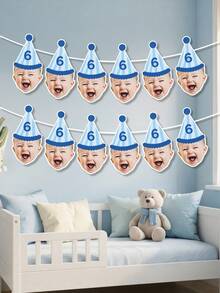 Custom Baby Photo Birthday Banner,Blue Stripe Party Hat Garland,First Birthday Party Supplies,One Year Old Baby Shower,Nursery Decor,Family Keepsake - Multicolor - View 5