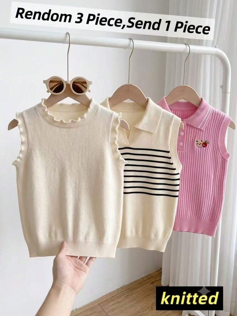 Girls Back To School Academy Style Solid Color Ruffle Round Neck Knit Vest Thin Sleeveless Sweater Vest 3pcs Random 1pc Wearable Camisole Style Suitable For Daily Casual Spring Summer Autumn - Apricot - View 1