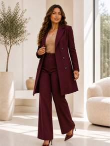 Women's Overcoat Blazer, Long Tailored Premium Elegant Formal Winter Fashion Casual Chic Long Winter Blazer With Pockets, Cold Weather Jacket - 酒紅色 - 查看 1
