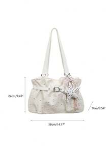 New Casual Solid Color Oxford Cloth Tote Bag, Star Pattern, Pleated Fabric Women Shoulder Bag, Aesthetic - White - View 11