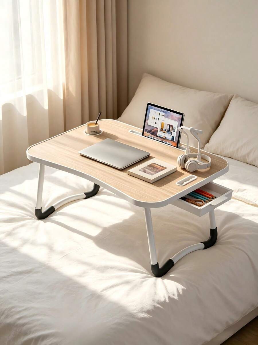 Foldable Bed Desk Equipped With Cup Slots, Tablet Stands And Storage Drawers, Anti-Slip Curved Legs, Wood Grain Tabletop, Portable For Home Study And Office Use - Random Color - View 1