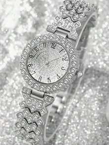 This 2-Piece Set Elegant Rhinestone Watch Is A Fashionable, Minimalist, And Luxurious Full Rhinestone Women's Quartz Watch, Paired With A Heart-Shaped Diamond Bracelet Set, Suitable For Holidays, Parties, Weddings, Gatherings And Daily Wear, Making It The Perfect Gift For Women. - Silver - View 3