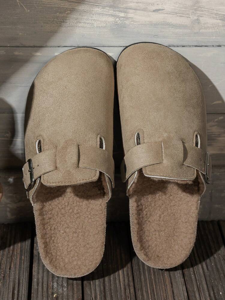 Fashionable And Comfortable Black Flat Women's Slippers, Adjustable Buckle, Slip-On Design, Suitable For Indoor And Outdoor All-Season Casual Wear - Khaki With Fleece Lining - View 5