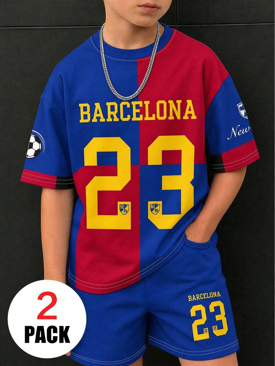 Conjunto de 2 piezas de camiseta de manga corta y pantalones cortos con bloques de color rojo & azul para niños, conjunto deportivo de jersey para niños con estampado de letra BARCELONA & número 23